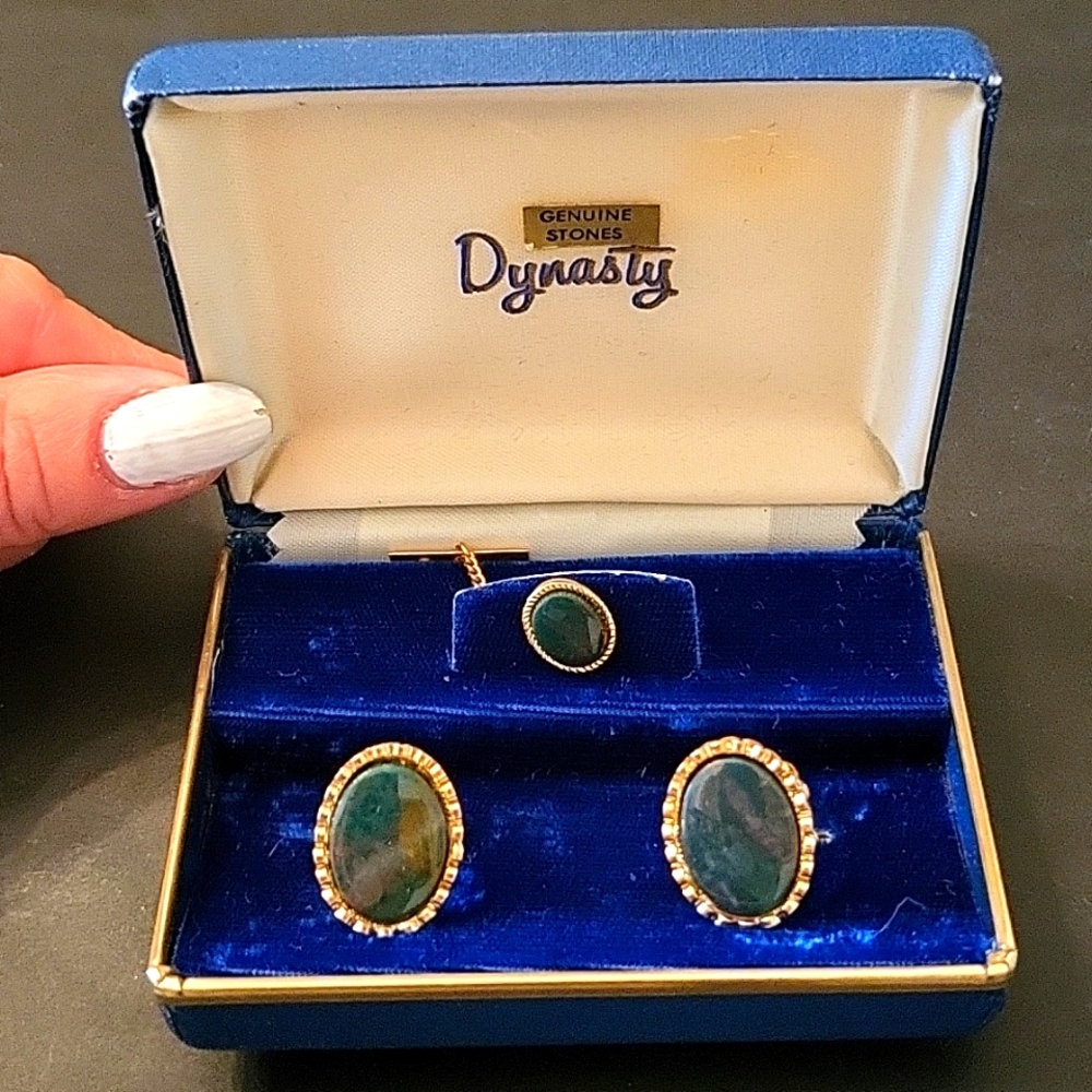 NEW Vintage Cufflinks & Tie-Pin Set, Jade & Gold-plated